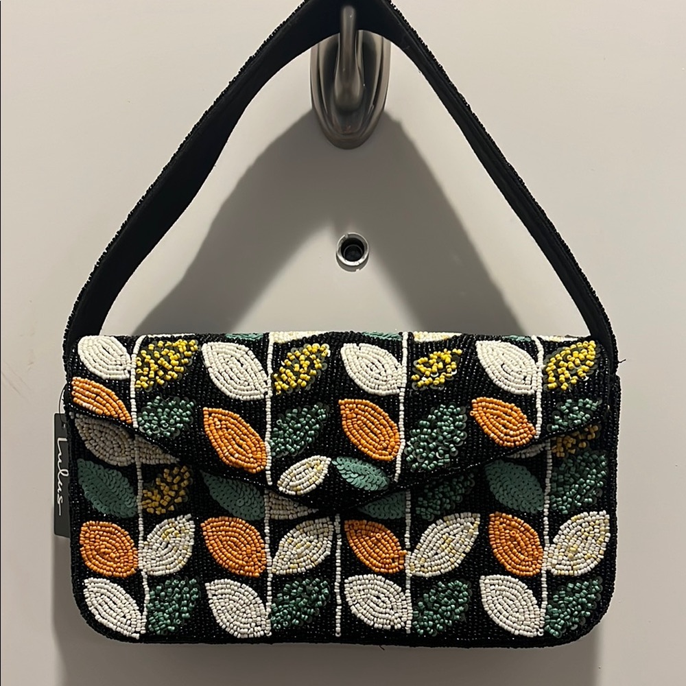 Lulu's Beaded Leaf Shoulder Bag - Black, Orange, Green, White